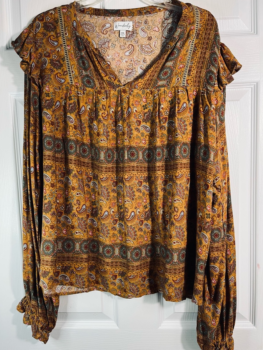 Wonderly Mustard Paisley Boho Blouse XXL